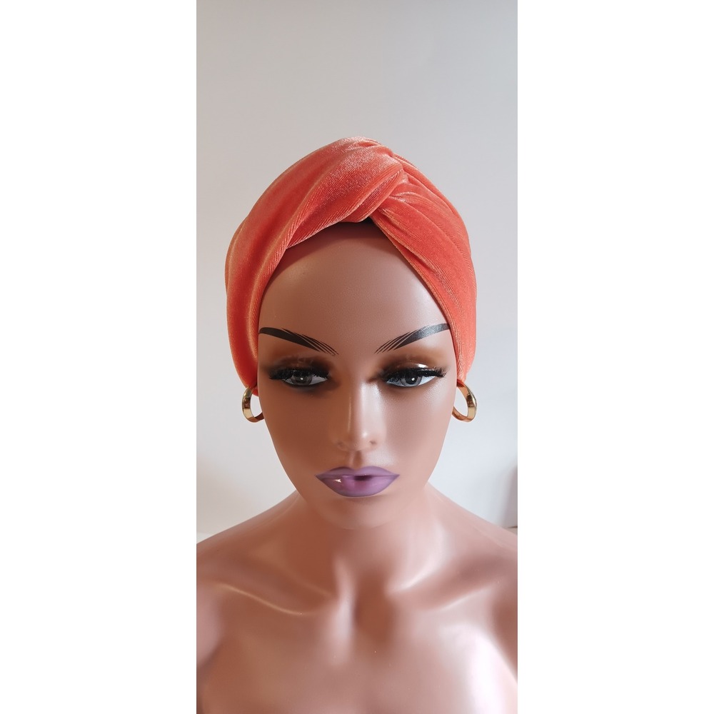 Orange Velvet Front Twist Turban Hijab Cap Modest Headwrap Headpiece